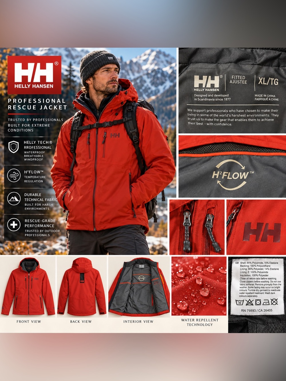 Helly Hansen Rescue Jacket XL Red Helly Tech Professional H2Flow Waterproof Shel